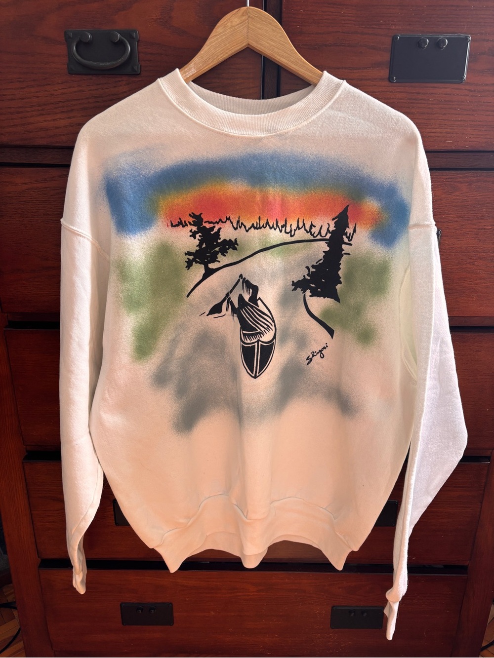 Vintage Airbrushed Indigenous Canoe Paddler Sweatshirt Signed Nature Graphic